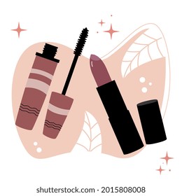 Mascara and red lipstick on pink background. Decorative cosmetics and beauty. Vector illustration.