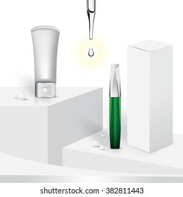 mascara, serum bottle on white background