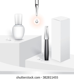mascara, serum bottle on white background
