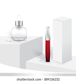 mascara, serum bottle on white background