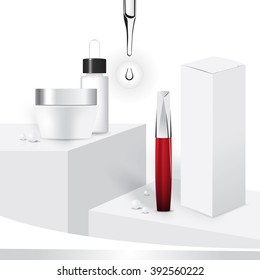 mascara, serum bottle on white background