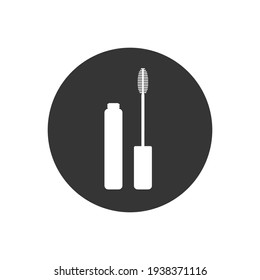 Mascara silhouette white icon. Set of separate tube, eyelash brush. Black simple illustration of decorative cosmetics, makeup. Flat isolated vector