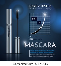 Mascara, silver packaging. Vector illustration for advertising. Schedule with eyelash