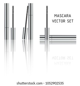 Mascara silver tubes with brushes set. Luxury cosmetic products vector 3D illustration.