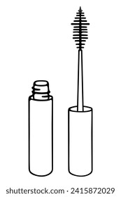 Mascara. Sketch. The tube cap is nearby. A tube with a fluffy brush at the end. Vector illustration. Means for applying mascara to eyelashes. Decorative cosmetics for creating eye makeup. Doodle style