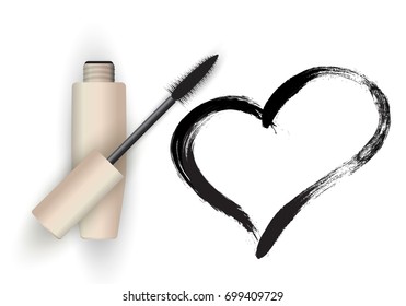 Mascara tube, brush, black grunge swatch in heart shape isolated on white, vector illustration. Woman's cosmetics concept.