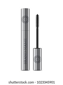 A mascara tube and a wand applicator. Cosmetic silver bottle with eyelash brush. Isolated on white background. Good for booklets, brochures, leaflets or banner. 3d realistic vector.