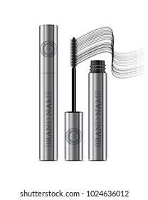 A mascara tube and a wand applicator. Cosmetic silver bottle with eyelash brush. Isolated on white background. Grunge swatch, black wavy brush stroke hand drawn.  3d realistic vector.