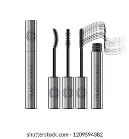 A mascara tube and a wand applicator. Cosmetic silver bottle with eyelash brush. Isolated on white background. Grunge swatch, black wavy brush stroke hand drawn. 3d realistic vector illustration.