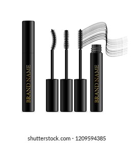 A mascara tube and a wand applicator. Cosmetic black gold bottle with eyelash brush. Isolated on white background. Grunge swatch, black wavy brush stroke hand drawn. 3d realistic vector illustration.