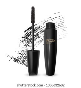 A mascara tube and a wand applicator. Cosmetic black bottle with eyelash brush. Isolated on white background. black brush stroke, 3d realistic vector illustration