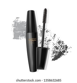 A mascara tube and a wand applicator. Cosmetic black bottle with eyelash brush. Isolated on white background. black brush stroke, 3d realistic vector illustration