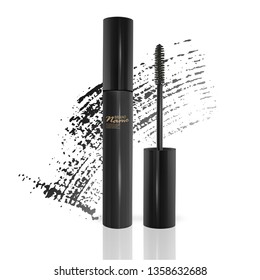 A mascara tube and a wand applicator. Cosmetic black bottle with eyelash brush. Isolated on white background. black brush stroke, 3d realistic vector illustration