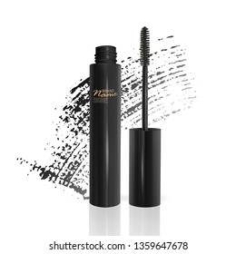 A mascara tube and a wand applicator. Cosmetic black bottle with eyelash brush. Isolated on white background. black brush stroke, 3d realistic vector illustration