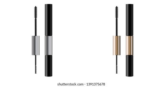 A mascara tube and   wand applicator. Cosmetic bottle with eyelash brush. Isolated on white background. Grunge swatch, black wavy brush stroke hand drawn. 3d realistic vector illustration.