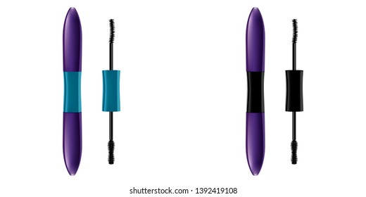 A mascara tube and a wand applicator. Cosmetic  bottle with eyelash brush. Isolated on white background. Good for booklets, brochures, leaflets or banner. 3d realistic vector.