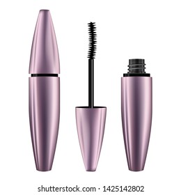 A mascara tube and wand applicator. Cosmetic bottle with eyelash brush. Isolated on white background. 3d realistic vector illustration. Good for web design, banners, posters, ad, advertising. 