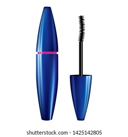 A mascara tube and wand applicator. Cosmetic bottle with eyelash brush. Isolated on white background. 3d realistic vector illustration. Good for web design, banners, posters, ad, advertising. 