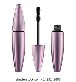 A mascara tube and wand applicator. Cosmetic bottle with eyelash brush. Isolated on white background. 3d realistic vector illustration. Good for web design, banners, posters, ad, advertising. 