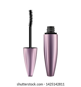 A mascara tube and wand applicator. Cosmetic bottle with eyelash brush. Isolated on white background. 3d realistic vector illustration. Good for web design, banners, posters, ad, advertising. 