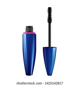 A mascara tube and wand applicator. Cosmetic bottle with eyelash brush. Isolated on white background. 3d realistic vector illustration. Good for web design, banners, posters, ad, advertising. 