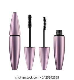 A mascara tube and wand applicator. Cosmetic bottle with eyelash brush. Isolated on white background. 3d realistic vector illustration. Good for web design, banners, posters, ad, advertising. 