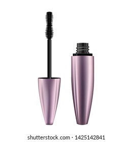 A mascara tube and wand applicator. Cosmetic bottle with eyelash brush. Isolated on white background. 3d realistic vector illustration. Good for web design, banners, posters, ad, advertising. 