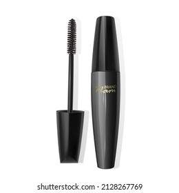 Mascara tube and a wand applicator. Cosmetic black bottle with eyelash brush. Isolated on white background. Realistic vector illustration