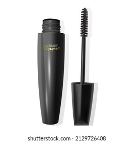 Mascara tube and a wand applicator. Cosmetic black bottle with eyelash brush. Isolated on white background. Realistic vector format