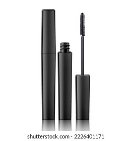 Mascara tube and a wand applicator. Cosmetic black bottle with eyelash brush. Isolated on white background. Realistic vector for web design, banners, posters, ad, advertising.