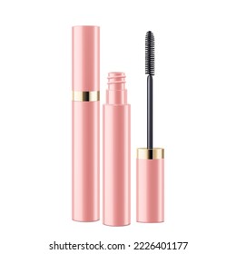 Mascara tube and a wand applicator. Cosmetic black bottle with eyelash brush. Isolated on white background. Realistic vector for web design, banners, posters, ad, advertising.