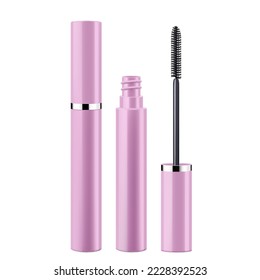 Mascara tube and a wand applicator. Cosmetic bottle with eyelash brush. Isolated on white background. Realistic vector for web design, banners, posters, ad, advertising.