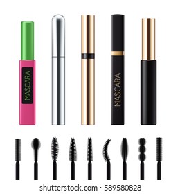 Mascara tubes with brushes set. Luxury cosmetic products vector 3D illustration. Good for ads design.