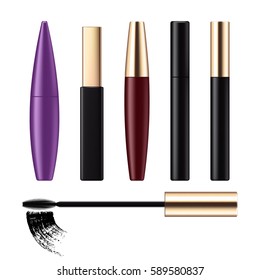 Mascara tubes with brushes set. Luxury cosmetic products vector 3D illustration. Good for ads design.