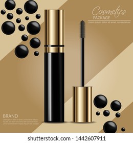Mascara Vector realistic mock up. Product placement design. Advertise cosmetics banner. Golden background with black bubbles. 3d illustration