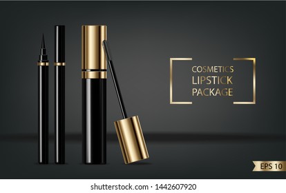 Mascara Vector realistic mock up. Product placement. Brand new products. Golden tube. 3d illustration