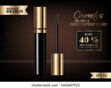 Mascara Vector realistic mock up. Product placement design. Advertise banner sale template. Golden tube. 3d illustration