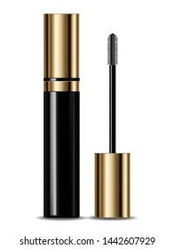 Mascara Vector realistic mock up. Product placement design. Golden tube. 3d illustration