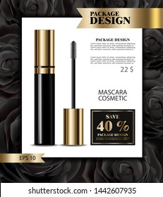 El vector Mascara se burla de la realidad. Diseño de colocación de productos. Anuncie la plantilla de venta de banners. Tubo dorado. Ilustración 3d