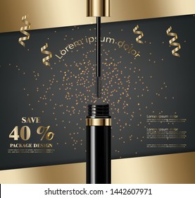 Mascara Vector realistic mock up. Golden confetti background. Product placement 3d illustration