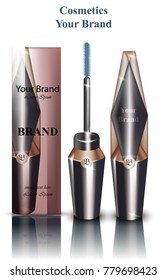 Mascara Vector realistic packaging mock up. Cosmetics brand ads. Brush and Original shape container designs