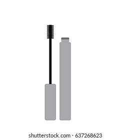 Mascara, wand applicator and black stroke against white background