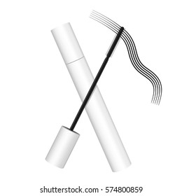 mascara, white bottle on a white background, a smear of black mascara