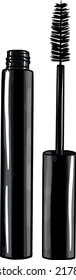 Mascara.Black plastic tube with mascara and brush. Cosmetic product container for eye beauty. Vector illustration isolated on white background.	