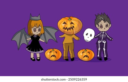 mascarade halloween scary costume, girl in costume bat hat boy in spooky skeleton costume and pumpkin,