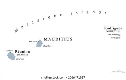 Mascarene Islands, political map. Mauritius, Reunion and Rodrigues. Mascarenhas Archipelago, a group of islands in the Indian Ocean. English labeling. Gray illustration on white background. Vector.