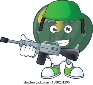 A mascot of acorn squash as an Army with machine gun