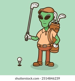 Alienígena de la mascota con el equipo del golf bueno para el diseño de la marca, diseño del elemento, diseño de la mascota, etc