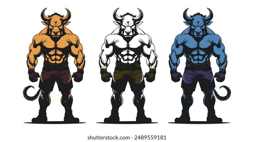 Mascot of angry bull buffalo devil human muscular body. black white line art vector illustration