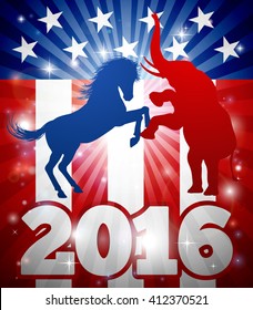 Mascot animals of American democratic and republican parties, blue donkey and red elephant in silhouette fighting each other with flag and 2016 date. Concept for presidential election debate